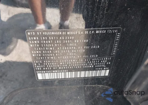 2021 Volkswagen Tiguan 2.0T S из США, поврежденный, VIN 3VV0B7AX7MM044483